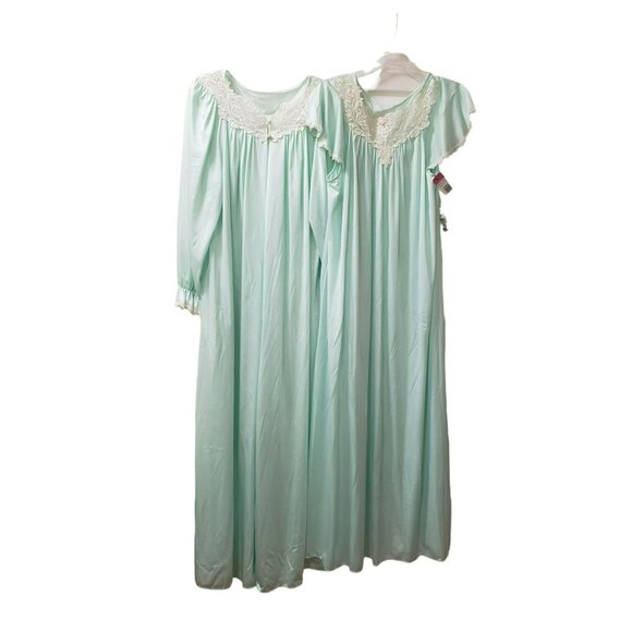 Shadowline L Nylon & Lace Gown & Robe Peignoir set, Aqua Mint, NWT, Satin Lustre